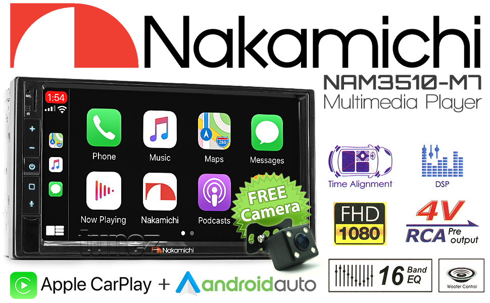 Nakamichi NAM3510-M7 Apple CarPlay Android Auto Radio Stereo Universal Doppel DIN MP3 MP4 1080p USB
