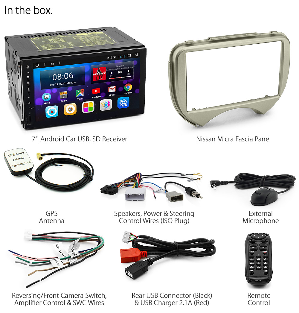 NMC02AND GPS Nissan Micra March 4th Generation Gen K13 2010 2011 2012 2013 7-inch Universal Double DIN Latest Australia UK European USA Original Android 7.1 Nougat car USB Charger 2.1A SD player radio stereo head unit details Aftermarket External and Internal Microphone Bluetooth Europe Sat Nav Navi Plug and Play ISO Plug Wiring Harness Matching Fascia Kit Facia Free Reversing Camera Album Art ID3 Tag RMVB MP3 MP4 AVI MKV Full High Definition FHD AirPlay Air Play MirrorLink Mirror Link 1080p DAB+ Digital Radio DAB + Connects2 CTSNS003.2 CTSNS010.2 CTS-UNI-NISSAN