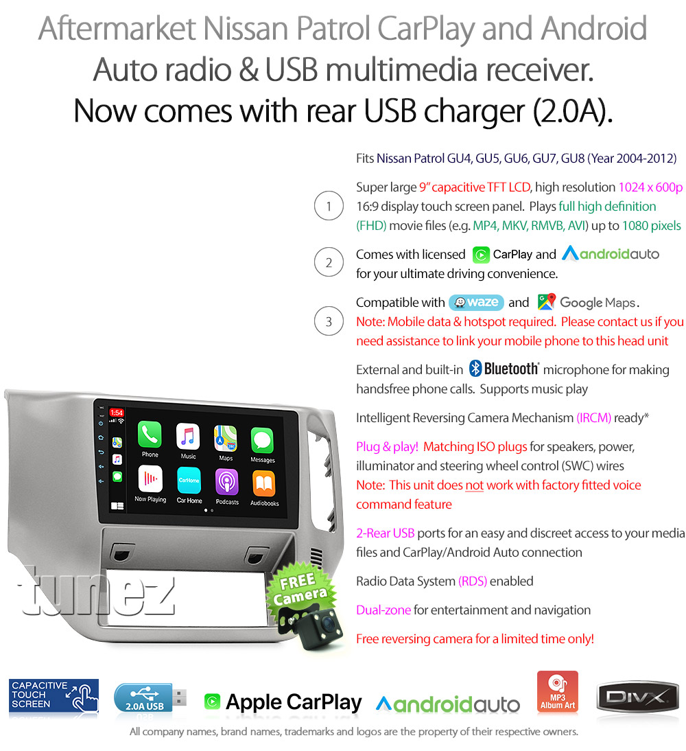 NP02CP NP02 Licensed Apple CarPlay Android Auto GPS GPS Super Large 9-inch Nissan Patrol GU GU4 GU5 GU6 GU7 GU8 GUIV GUV GUVI GUII GUVIII Year 2004 2005 2006 2007 2008 2009 2010 2011 2012 Super Large 9-inch Touch Screen IPS Capacitive Universal Double DIN Latest Australia UK European USA Original Car USB 2.0A Charge player radio stereo head unit Aftermarket External and Internal Microphone Bluetooth Europe Sat Nav Navi Plug and Play ISO Plug Wiring Harness Matching Fascia Kit Facia Free Reversing Camera Album Art ID3 Tag RMVB MP3 MP4 AVI MKV Full High Definition FHD AirPlay Air Play MirrorLink Mirror Link Connects2 CTSTY008.2 CTSTY00C CTSTY00CAMP CTSTY013.2