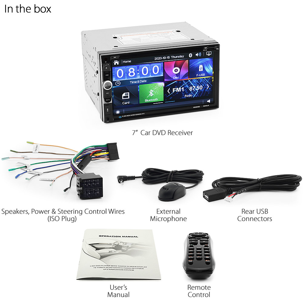 NS22DVD Universal Double DIN 2-DIN 7-inch Direct Loading Design Car CD DVD USB SD Card Player Radio Stereo Head Unit Receiver Details Aftermarket External and Internal Microphone Bluetooth MP3 MP4 AVI MKV RMVB Album Art ID3 Tag RDS Fascia Facia Kit Panel Trim ISO Plug Wiring Harness Reversing Camera 1080p FHD HD Full High Definition Front 3.5mm AUX-in Plug and Play Installation Dimension tunez tunezmart Patch Lead Compatible