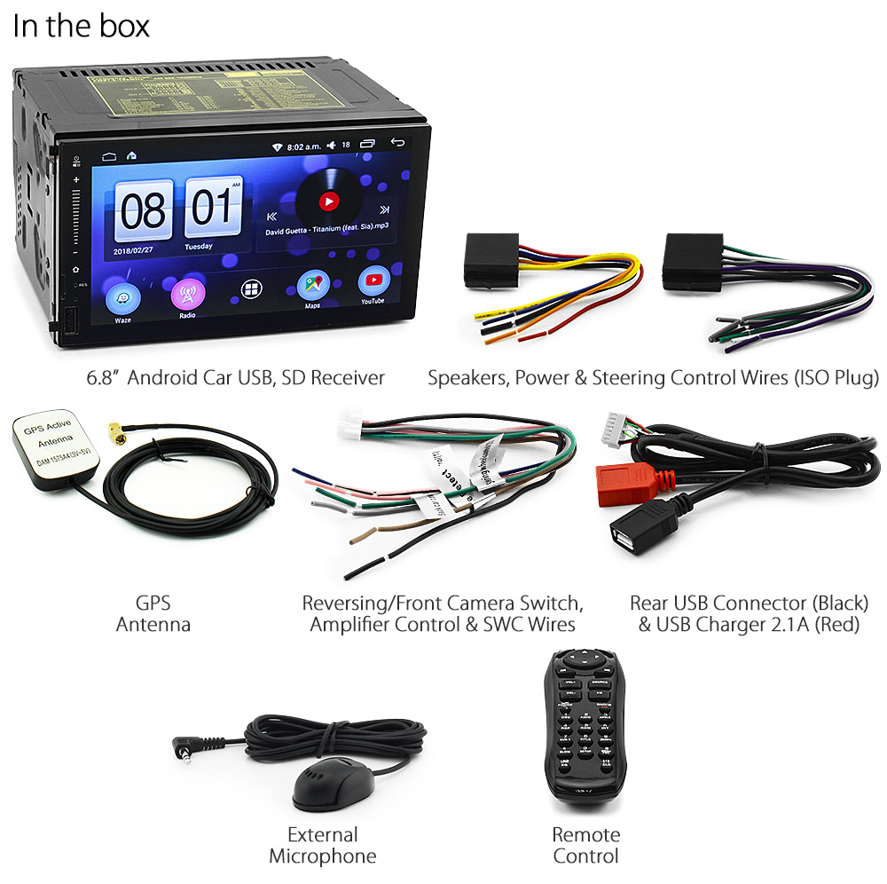 NS25AND GPS Aftermarket 7-inch Universal Double DIN Latest Australia UK European USA Original Android 6.0 6 Marshmallow car USB Charger 2.1A SD player radio stereo head unit details External and Internal Microphone Bluetooth Europe Sat Nav Navi Plug and Play ISO Plug Wiring Harness Matching Fascia Kit Facia Free Reversing Camera Album Art ID3 Tag RMVB MP3 MP4 AVI MKV Full High Definition FHD Apple AirPlay Air Play MirrorLink Mirror Link 1080p DAB+ Digital Radio DAB + Compatible With Connects2