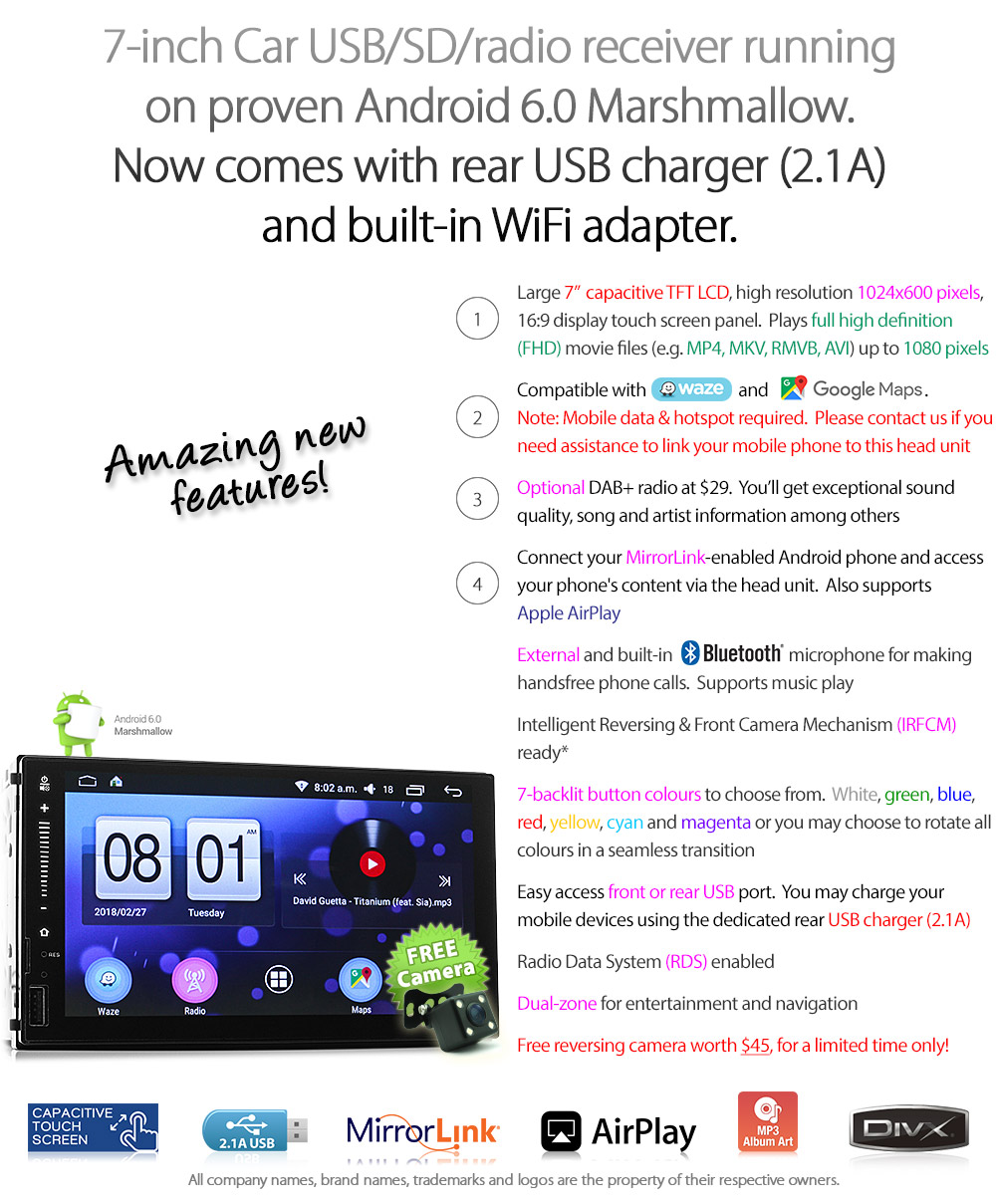 NS25AND GPS Aftermarket 7-inch Universal Double DIN Latest Australia UK European USA Original Android 6.0 6 Marshmallow car USB Charger 2.1A SD player radio stereo head unit details External and Internal Microphone Bluetooth Europe Sat Nav Navi Plug and Play ISO Plug Wiring Harness Matching Fascia Kit Facia Free Reversing Camera Album Art ID3 Tag RMVB MP3 MP4 AVI MKV Full High Definition FHD Apple AirPlay Air Play MirrorLink Mirror Link 1080p DAB+ Digital Radio DAB + Compatible With Connects2