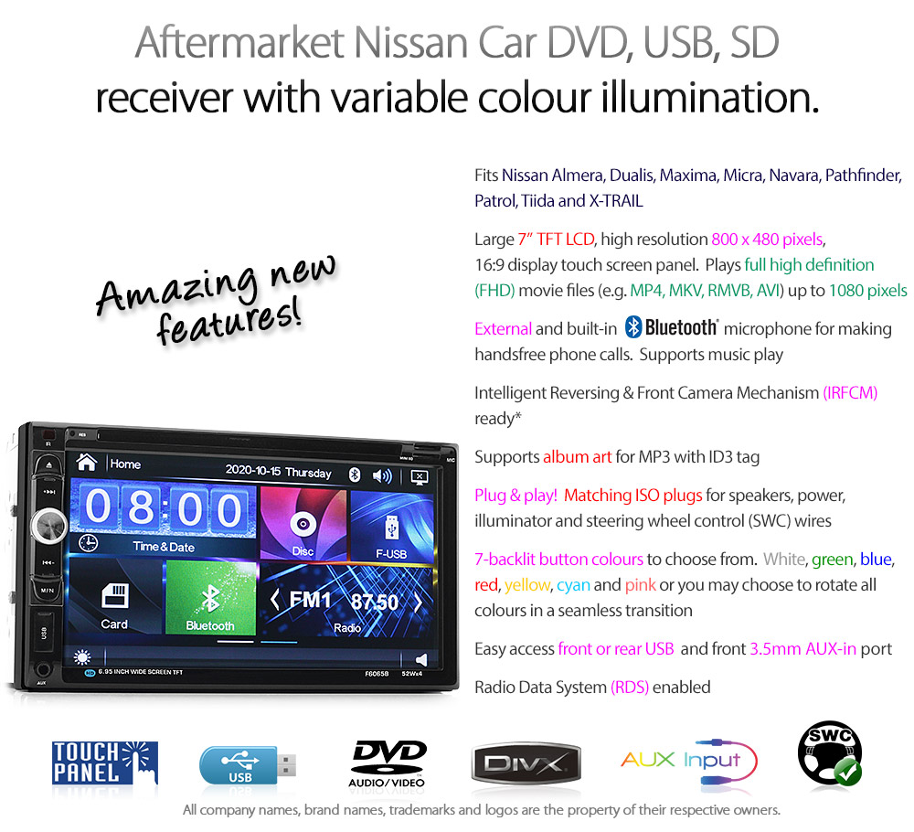 NU15DVD Aftermarket Nissan Universal Almera Dualis Juke Maxima Micra Navara D40 D22 Note NV200 Combi Pathfinder Patrol Qashqai Tiida X-Trail 7-inch Double 2 DIN Car DVD CD USB SD Card player Radio Stereo Head Unit Album Art ID3 Tag RDS MP3 MP4 MKV RMVB AVI 1080p Full High Definition FHD External Bluetooth Microphone UK European Europe Australia USA Matching ISO Plug Wiring Harness Radio Adapter Free Reversing Camera 3.5mm AUX-in Plug and Play Installation Dimension tunez tunezmart Patch Lead Connects2