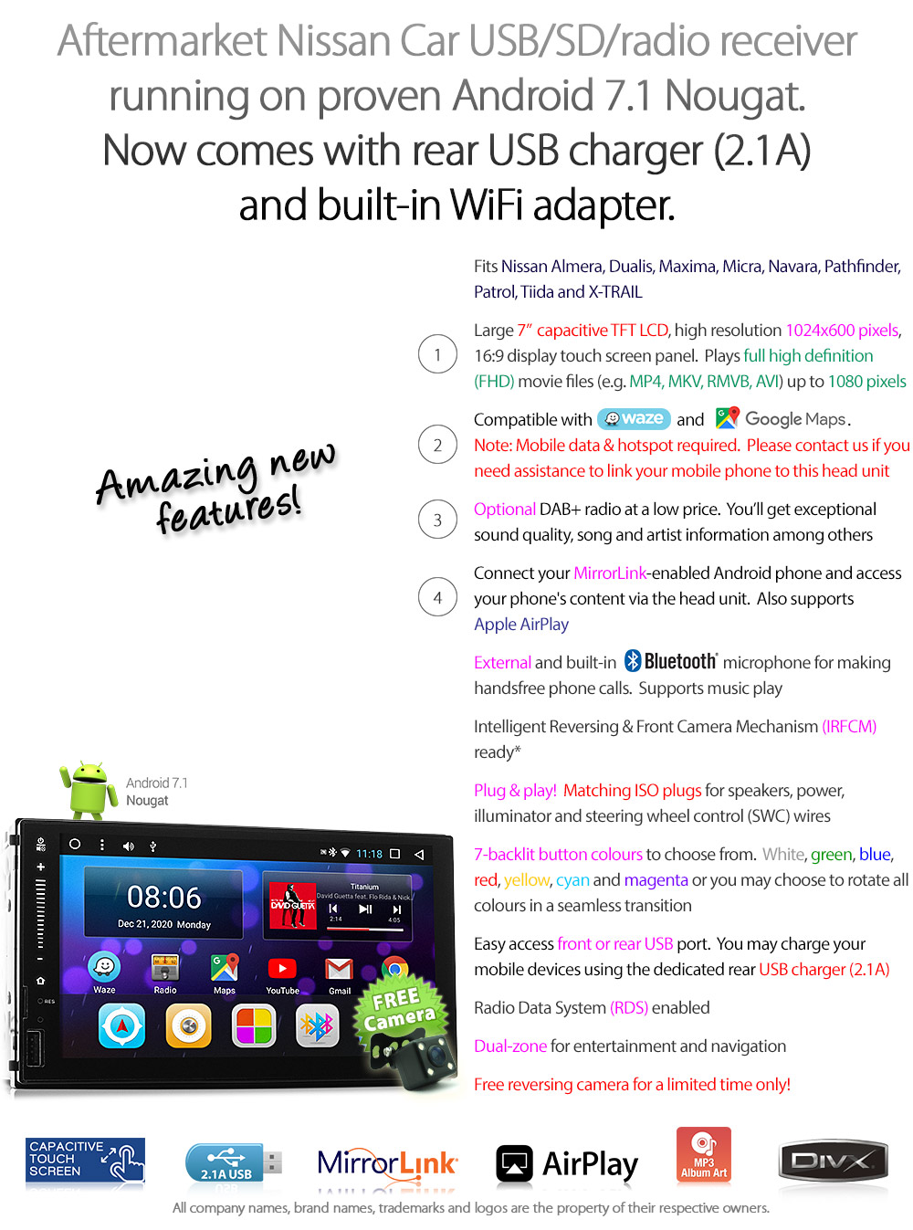 NU18AND GPS Aftermarket Nissan Universal Almera Dualis Juke Maxima Micra Navara D40 D22 Note NV200 Combi Pathfinder Patrol Qashqai Tiida X-Trail 7-inch Universal Double DIN Latest Australia UK European USA Original Android 7.1 Nougat car USB Charger 2.1A SD player radio stereo head unit details Aftermarket External and Internal Microphone Bluetooth Europe Sat Nav Navi Plug and Play ISO Plug Wiring Harness Matching Fascia Kit Facia Free Reversing Camera Album Art ID3 Tag RMVB MP3 MP4 AVI MKV Full High Definition FHD Apple AirPlay Air Play MirrorLink Mirror Link 1080p DAB+ Digital Radio DAB +