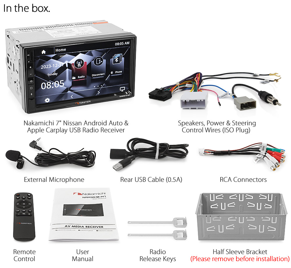 NU19CP Aftermarket Nissan Universal Nakamichi NAM3510-M7 Licensed Apple CarPlay Android Auto Almera Dualis Juke Maxima Micra Navara D40 D22 Note NV200 Combi Pathfinder Patrol Qashqai Tiida X-Trail 7-inch Universal Double DIN Latest Australia UK European USA Original Car USB Charger 1.0A SD player radio stereo head unit details External and Internal Microphone Bluetooth Europe Sat Nav Navi Plug and Play ISO Plug Wiring Harness Fascia Kit Facia Free Reversing Camera Album Art ID3 Tag RMVB MP3 MP4 AVI MKV Full High Definition FHD 1080p DAB+ Digital Radio