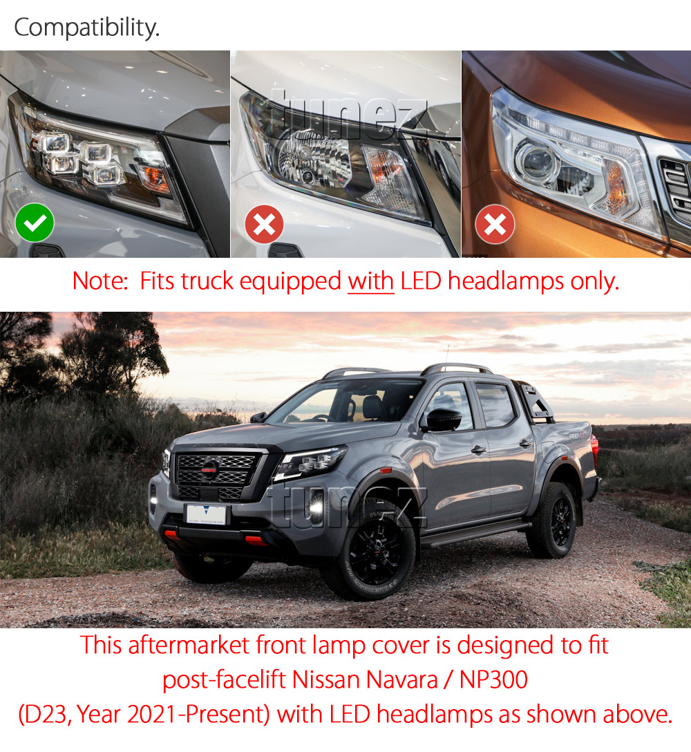 NVM16 Nissan Navara NP300 NP 300 D23 Series ST ST-X PRO-4X Warrior SL Visia Acenta Acenta+ N-Connecta Tekna Lamp Cover Eyelid ABS Plastic Matte Matt Black Front Head Light Headlight UK United Kingdom USA Australia Europe Set Kit For Car Aftermarket Pair 2021 2022 2023 2024 2025