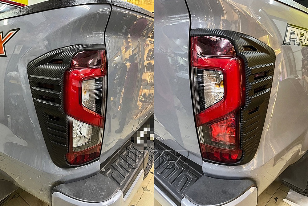 NVM17 Nissan Navara NP300 NP 300 D23 Series DX RX ST ST-X PRO-4X SL Visia Acenta Acenta+ N-Connecta Tekna Lamp Cover Eyelid ABS Plastic Matte Matt Carbon Black Rear Light Rearlight UK United Kingdom USA Australia Europe Set Kit For Car Aftermarket Pair 2014 2015 2016 2017 2018 2019 2020 2021 2022 2023 2024 2025