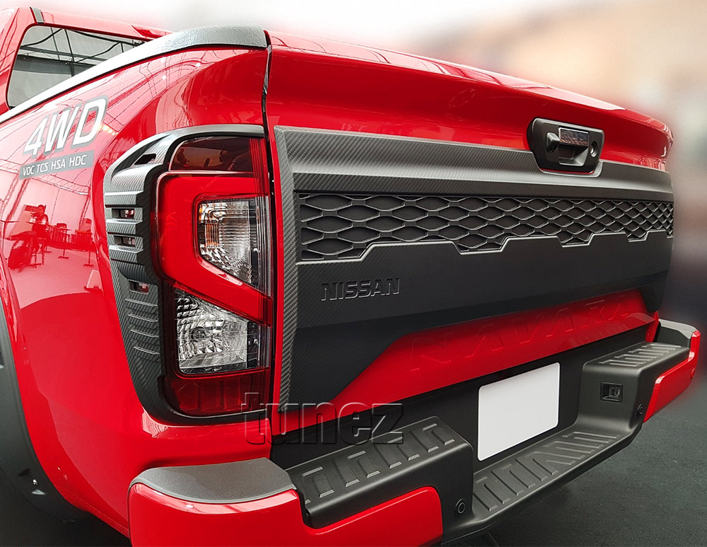 NVM17 Nissan Navara NP300 NP 300 D23 Series DX RX ST ST-X PRO-4X SL Visia Acenta Acenta+ N-Connecta Tekna Lamp Cover Eyelid ABS Plastic Matte Matt Carbon Black Rear Light Rearlight UK United Kingdom USA Australia Europe Set Kit For Car Aftermarket Pair 2014 2015 2016 2017 2018 2019 2020 2021 2022 2023 2024 2025