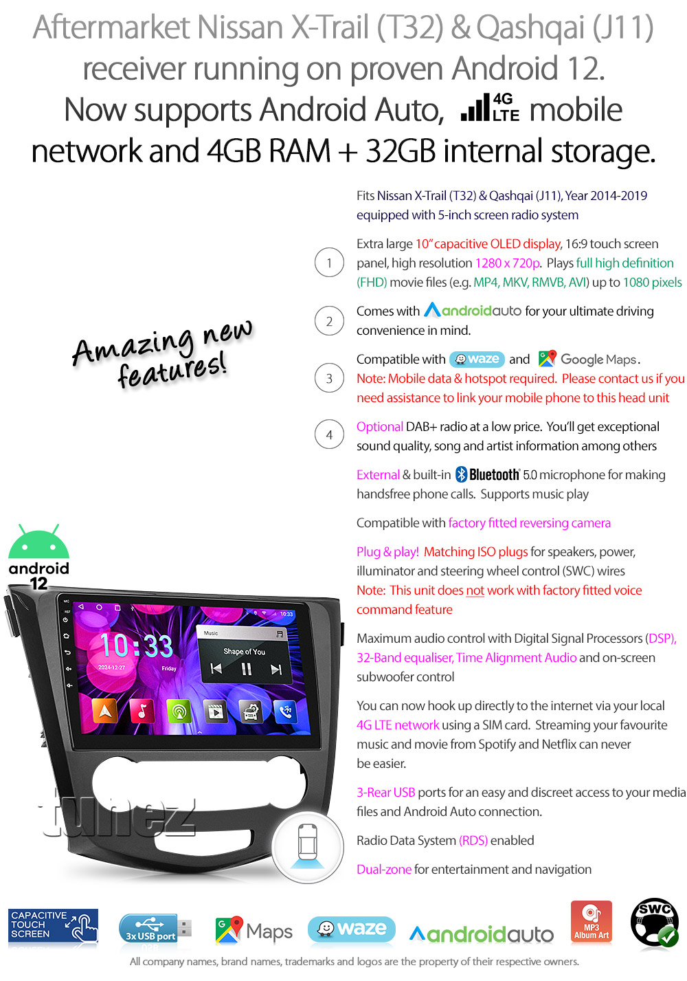 NXT02AND GPS Aftermarket Nissasn X-Trail T32 Qashqai J11 Year 2014 2015 2016 2017 2018 2019 touchscreen capacitive 10 inches touchscreen Universal Double DIN Latest Australia UK European USA Original CarPlay Android Auto 10 Car USB player radio stereo 4GdLTE WiFi head unit details Aftermarket External and Internal Microphone Bluetooth Europe Sat Nav Navi Plug and Play ISO Plug Wiring Harness Matching Fascia Kit Facia Free Reversing Camera Album Art ID3 Tag RMVB MP3 MP4 AVI MKV Full High Definition FHD 1080p DAB+ Digital Radio DAB + Connects2 CTSIZ001.2