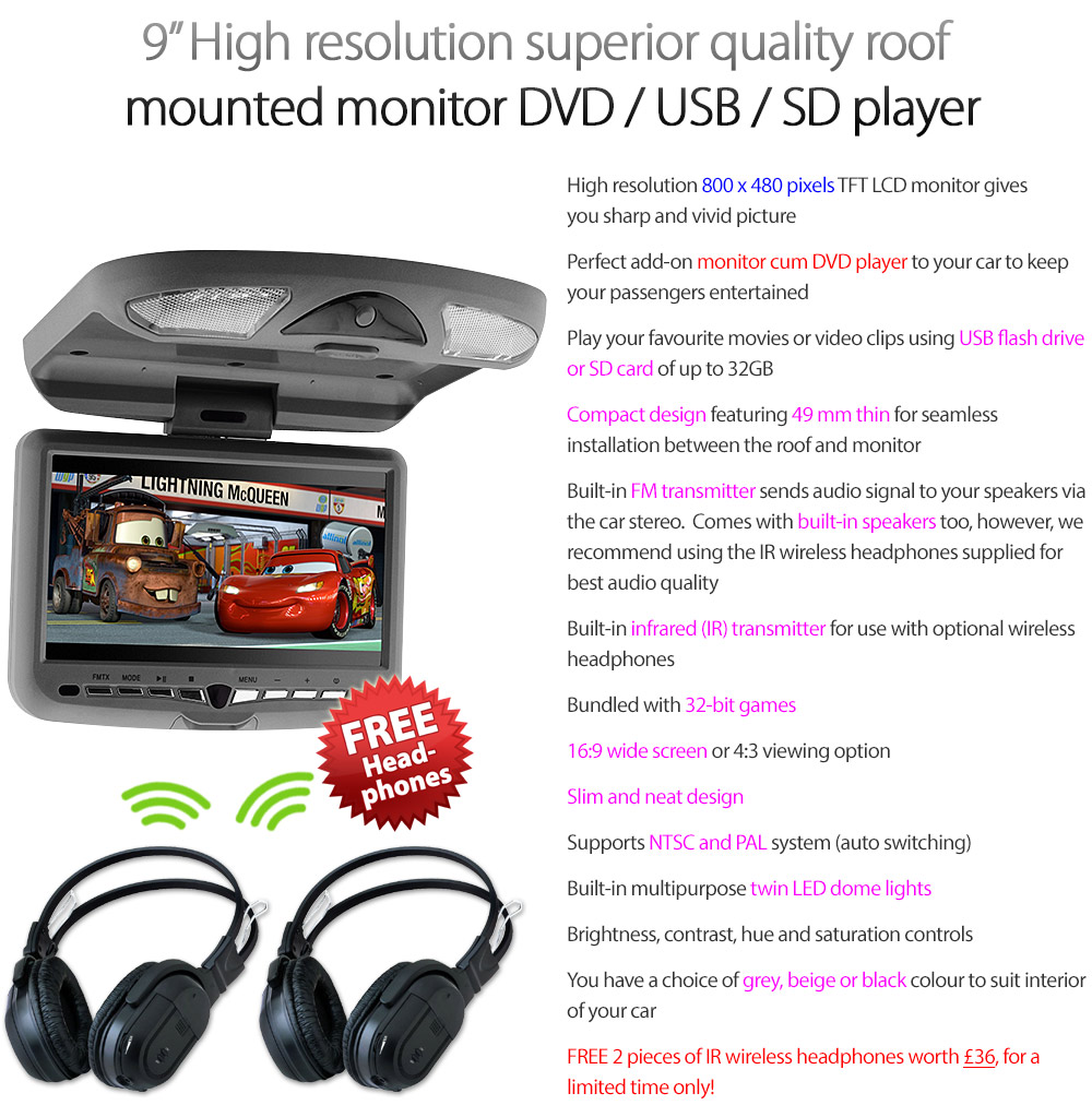 9 In Car Roof Mount Flip Down Overhead Monitor Screen Dvd Player