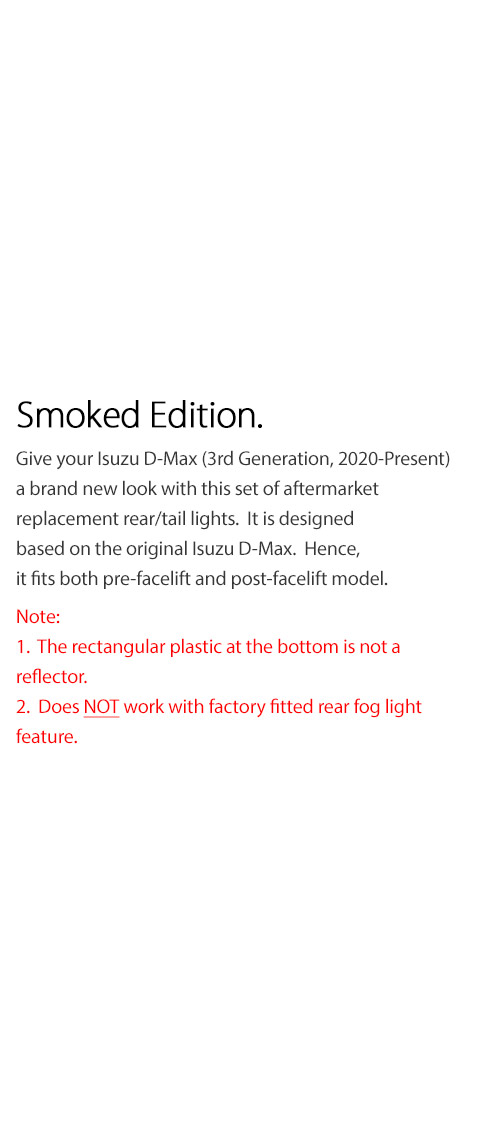 RLDM06 Isuzu D-Max Dmax 3rd Generation Gen Mk3 2021 2022 2023 2024 2025 LS-M LSM LS-U LSU SX High Terrain X-Terrain Thor Hammer Edition Version Smoke Smoked Sequential Turn Signal Replacement OEM Standard Original Replace A Pair Set Left Right Side LH RH ABS Back Rear Tail Light Tail Lamp Head Taillights LED Bulb Type Aftermarket Animated Startup Start