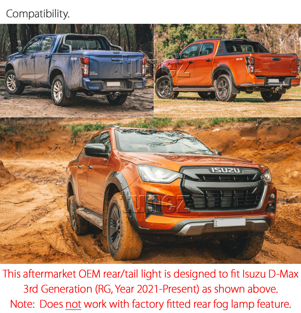 RLDM07R Right Side Isuzu D-Max Dmax 3rd Generation Gen Mk3 2021 2022 2023 2024 2025 LS-M LSM LS-U LSU SX High Terrain X-Terrain OEM Standard Edition Version Turn Signal Replacement OEM Standard Original Replace A Pair Set Left Right Side LH RH ABS Back Rear Tail Light Tail Lamp Head Taillights LED Bulb Type Aftermarket