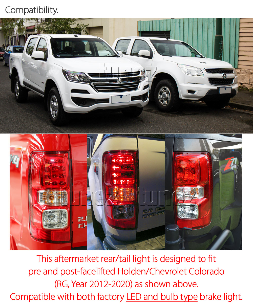 RLHC01 Holden Colorado Chevrolet Chevy Colorado Trim 2nd Generation Gen RG Mk1 Mk2 2012 2013 2014 2015 2016 2017 2018 2019 2020 LT LTZ LS LSX Z71 Replacement OEM Standard Original Replace A Pair Set Left Right Side LH RH ABS Back Rear Tail Light Tail Lamp Head Taillights LED Bulb Type Aftermarket
