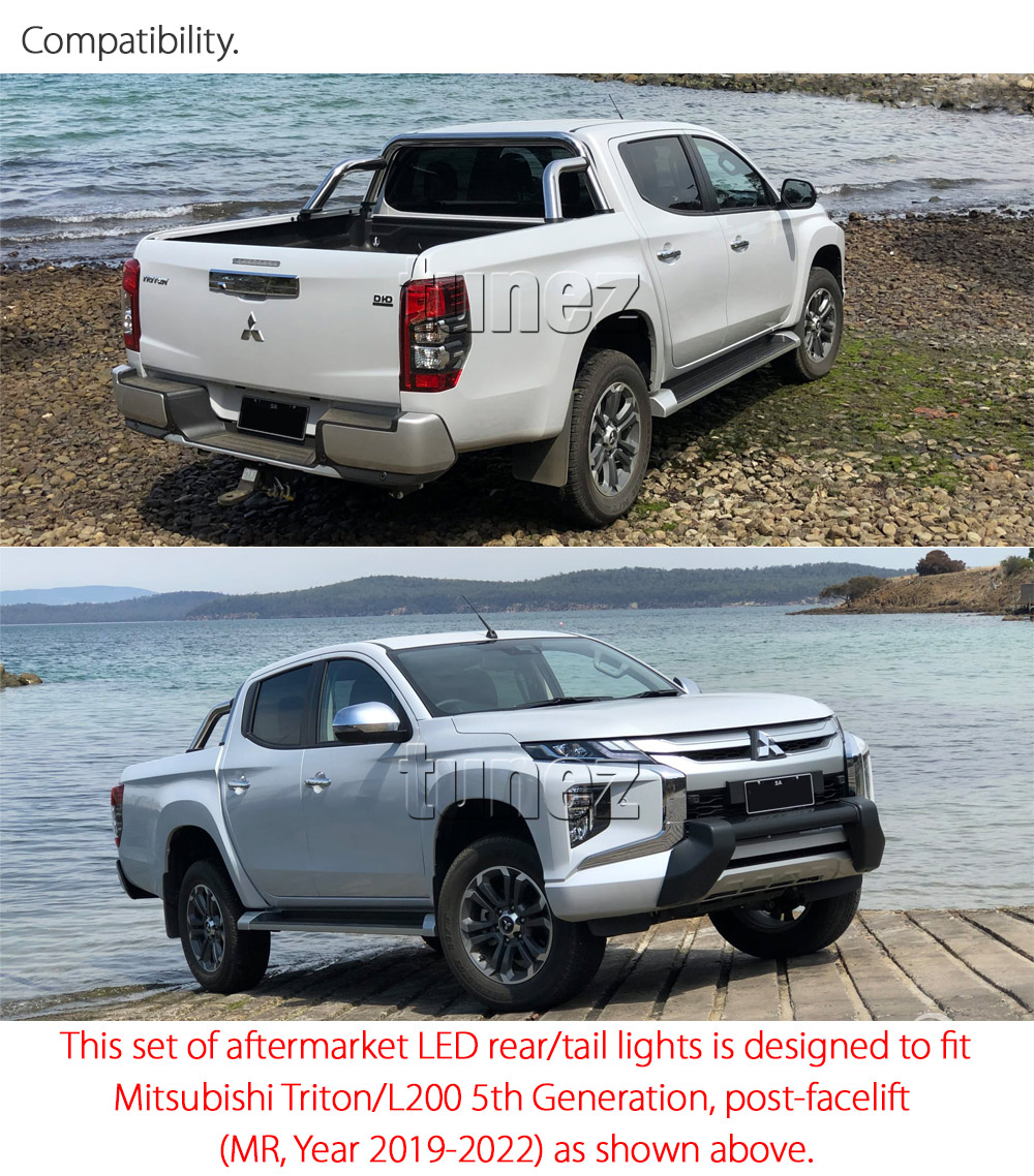 RLMT06 Mitsubishi Triton L200 Strada Fiat Fullback MR 5th Generation Gen Series GLX GLS GLX+ Blackline Exceed Barbarian Warrior Titan Challenger 2019 2020 2021 2022 Styled Three LED Tail Rear Lamp Lights For Car Autotunez Tunez Taillights Rear Light OEM Aftermarket Pair Set Turn Signal Sequential Indicators OEM Manufacturer Premier Series 1-Year 12-month Warranty Land Rover Style Look