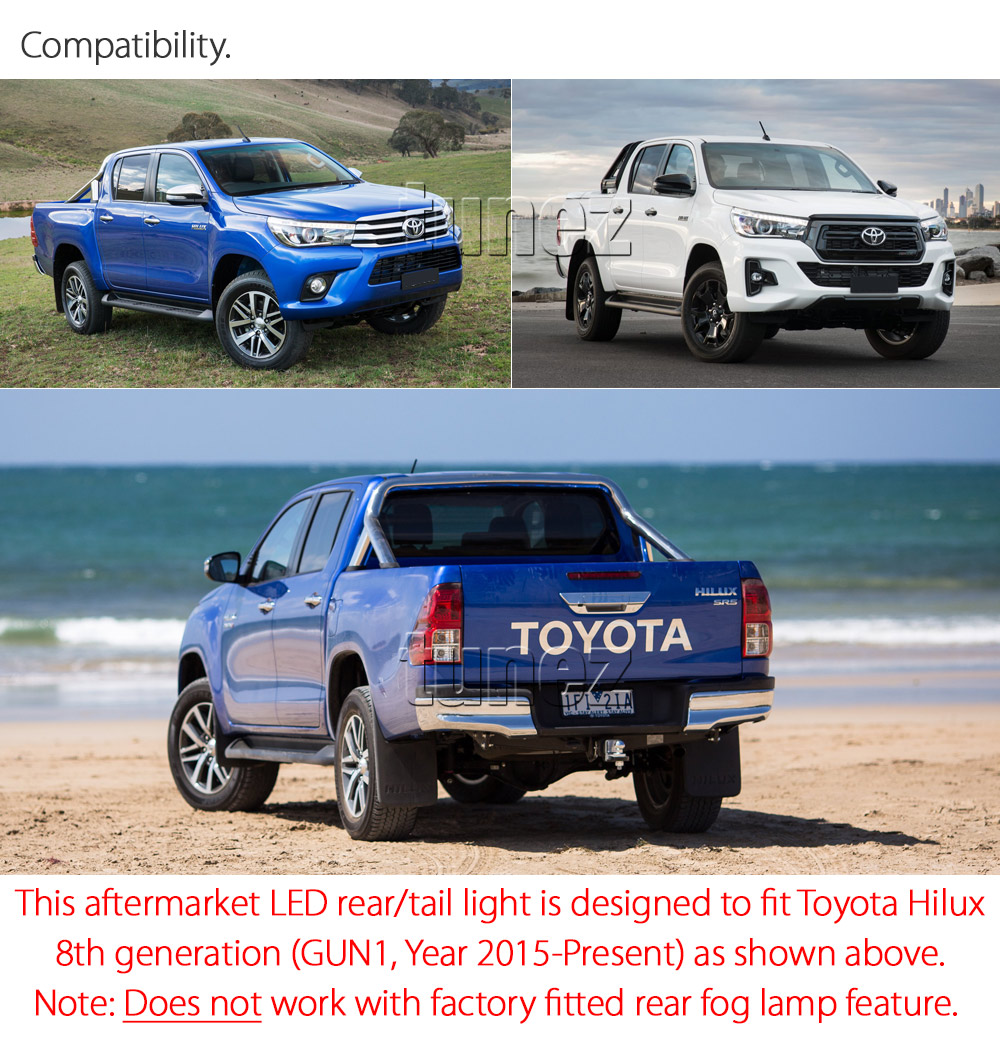 THL06 Aftermarket Toyota Hilux GUN GUN1 AN120 AN130 8th Generation Gen 2015 2016 2017 2018 2019 2020 2021 SR SR5 Workmate Rugged X Rogue Hi-Rider Active Icon Invincible Smoked Brake Full LED Sequential Turn Signal Motion Tail Rear Lamp Lights For Car Truck Smoke Autotunez Tunez Taillights Rear Lamp Light Aftermarket Pair Set OEM Reversing Compatible