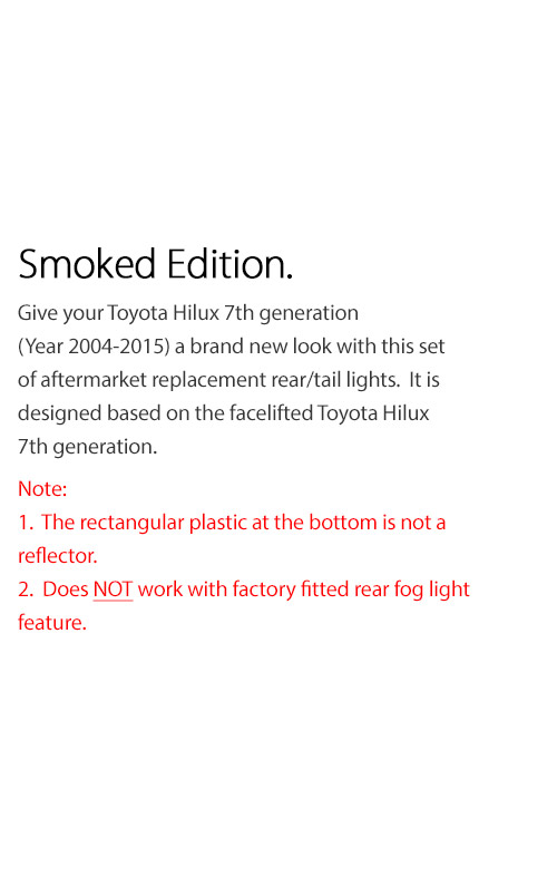 RLTH06 Toyota Hilux 7th Generation Gen 2004 2005 2006 2007 2008 2009 2010 2011 2012 2013 2014 2015 SR SR5 Workmate Invincible Icon Active SR SR5 Workmate Smoked Transparent LED Smoked LED COB Tail Rear Lamp Sequential Turn Signal Lights For Car Smoke AT Taillights Rear Lamp Light Aftermarket Pair
