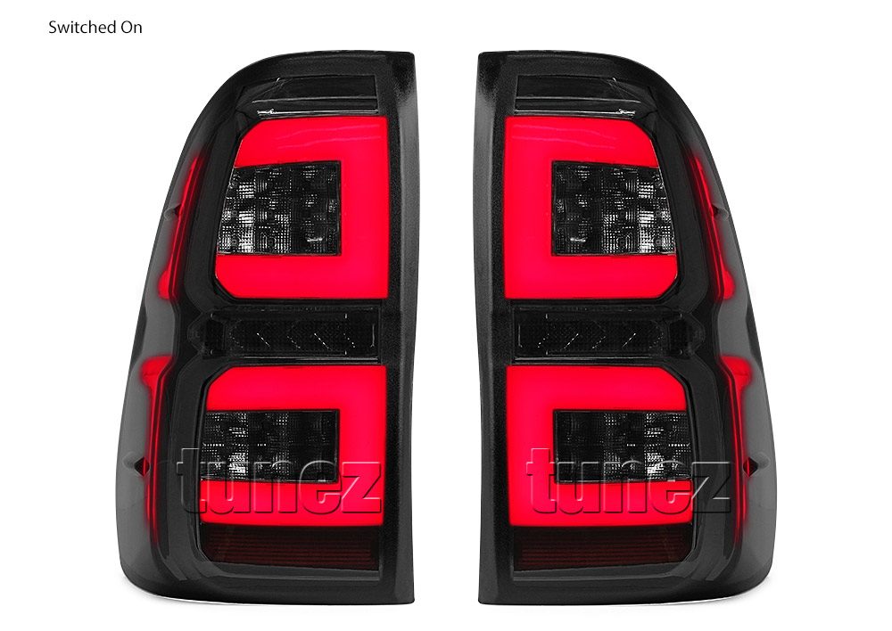 RLTH02 Aftermarket Toyota Hilux GUN GUN1 AN120 AN130 8th Generation Gen 2015 2016 2017 2018 2019 2020 SR SR5 Workmate Rugged X Rogue Hi-Rider Active Icon Invincible Smoked Brake Full LED Sequential Turn Signal Motion Tail Rear Lamp Lights For Car Truck Smoke Autotunez Tunez Taillights Rear Lamp Light Aftermarket Pair Set OEM Reversing Compatible 