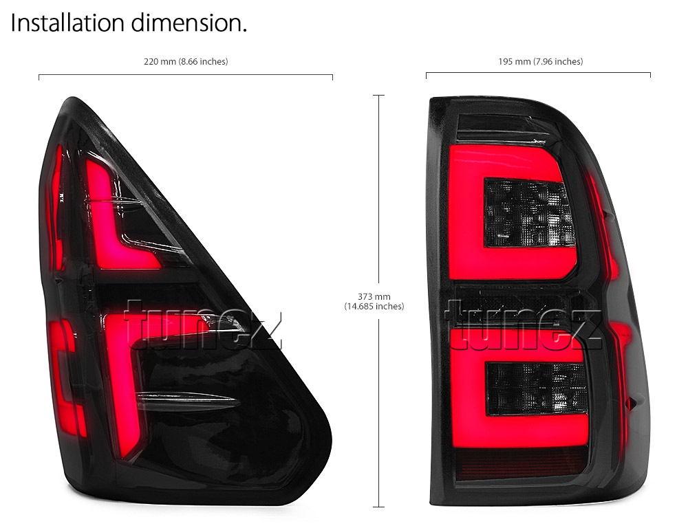 RLTH02 Aftermarket Toyota Hilux GUN GUN1 AN120 AN130 8th Generation Gen 2015 2016 2017 2018 2019 2020 SR SR5 Workmate Rugged X Rogue Hi-Rider Active Icon Invincible Smoked Brake Full LED Sequential Turn Signal Motion Tail Rear Lamp Lights For Car Truck Smoke Autotunez Tunez Taillights Rear Lamp Light Aftermarket Pair Set OEM Reversing Compatible