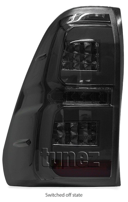 RLTH02 Aftermarket Toyota Hilux GUN GUN1 AN120 AN130 8th Generation Gen 2015 2016 2017 2018 2019 2020 SR SR5 Workmate Rugged X Rogue Hi-Rider Active Icon Invincible Smoked Brake Full LED Sequential Turn Signal Motion Tail Rear Lamp Lights For Car Truck Smoke Autotunez Tunez Taillights Rear Lamp Light Aftermarket Pair Set OEM Reversing Compatible 