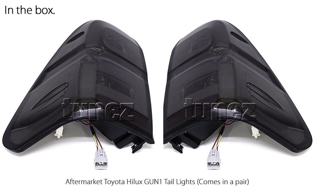 RLTH02 Aftermarket Toyota Hilux GUN GUN1 AN120 AN130 8th Generation Gen 2015 2016 2017 2018 2019 2020 SR SR5 Workmate Rugged X Rogue Hi-Rider Active Icon Invincible Smoked Brake Full LED Sequential Turn Signal Motion Tail Rear Lamp Lights For Car Truck Smoke Autotunez Tunez Taillights Rear Lamp Light Aftermarket Pair Set OEM Reversing Compatible