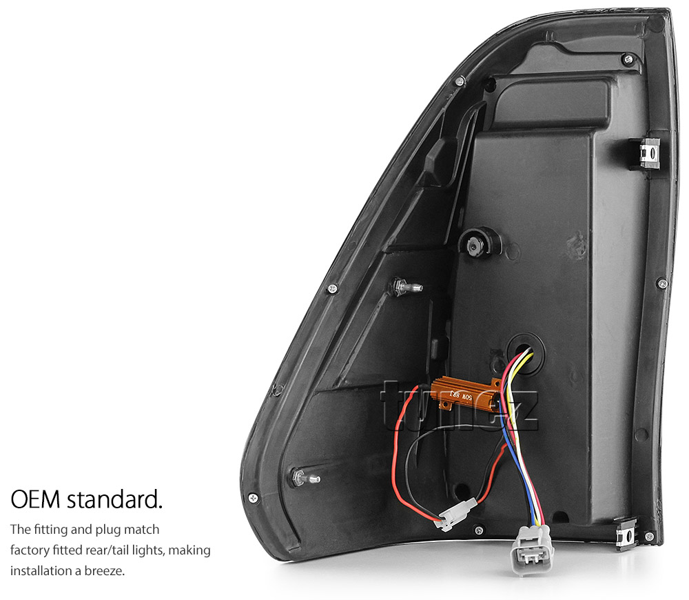 RLTH02 Aftermarket Toyota Hilux GUN GUN1 AN120 AN130 8th Generation Gen 2015 2016 2017 2018 2019 2020 SR SR5 Workmate Rugged X Rogue Hi-Rider Active Icon Invincible Smoked Brake Full LED Sequential Turn Signal Motion Tail Rear Lamp Lights For Car Truck Smoke Autotunez Tunez Taillights Rear Lamp Light Aftermarket Pair Set OEM Reversing Compatible