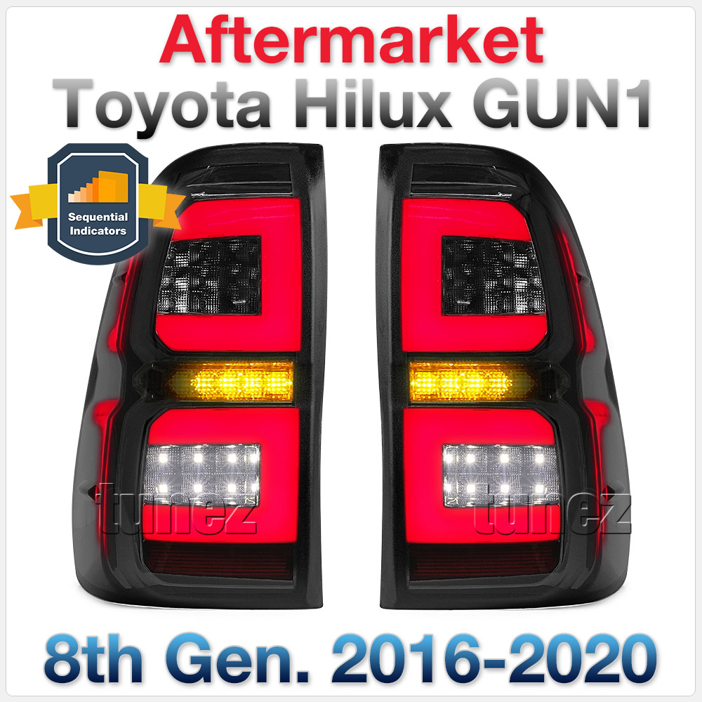 RLTH02 Aftermarket Toyota Hilux GUN GUN1 AN120 AN130 8th Generation Gen 2015 2016 2017 2018 2019 2020 SR SR5 Workmate Rugged X Rogue Hi-Rider Active Icon Invincible Smoked Brake Full LED Sequential Turn Signal Motion Tail Rear Lamp Lights For Car Truck Smoke Autotunez Tunez Taillights Rear Lamp Light Aftermarket Pair Set OEM Reversing Compatible 