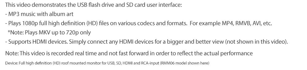 RMM06 New Roof Mounted USB thumb Drive SD Card Player 13.3-inch Monitor Screen Free 2 Pairs of Headphones Universal Car FM Transmitter System Australia UK Europe USA High Resolution 1080p MKV AVI RMVB XVID MP4