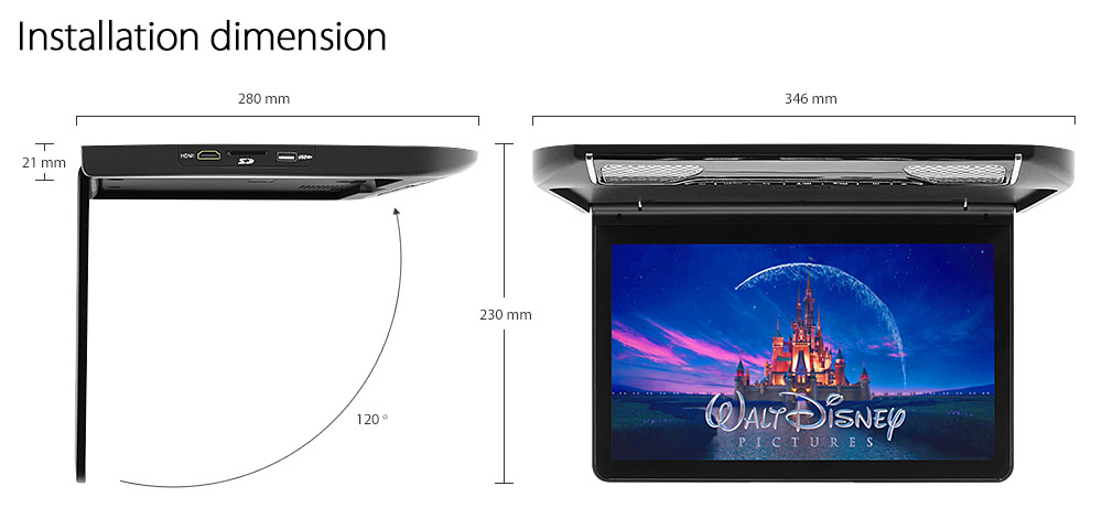 RMM06 New Roof Mounted USB thumb Drive SD Card Player 13.3-inch Monitor Screen Free 2 Pairs of Headphones Universal Car FM Transmitter System Australia UK Europe USA High Resolution 1080p MKV AVI RMVB XVID MP4