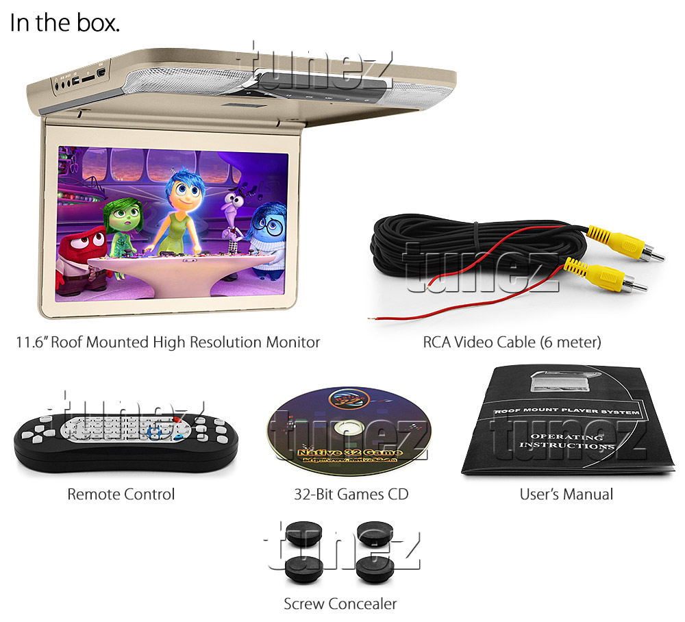 RMM07 New Roof Mounted Grey Beige Black USB Thumb Drive SD Card CD DVD Player 11.6-inch Monitor Screen 3.5mm Headphone Jack HDMI AV-In AV-Out Port 32-bit Games Free 2 Pairs IR Wireless Headphones Universal Car FM Transmitter System Australia UK Europe USA High Resolution Full High Definition FHD HD 720p 1080p MKV AVI RMVB MP4 MP3