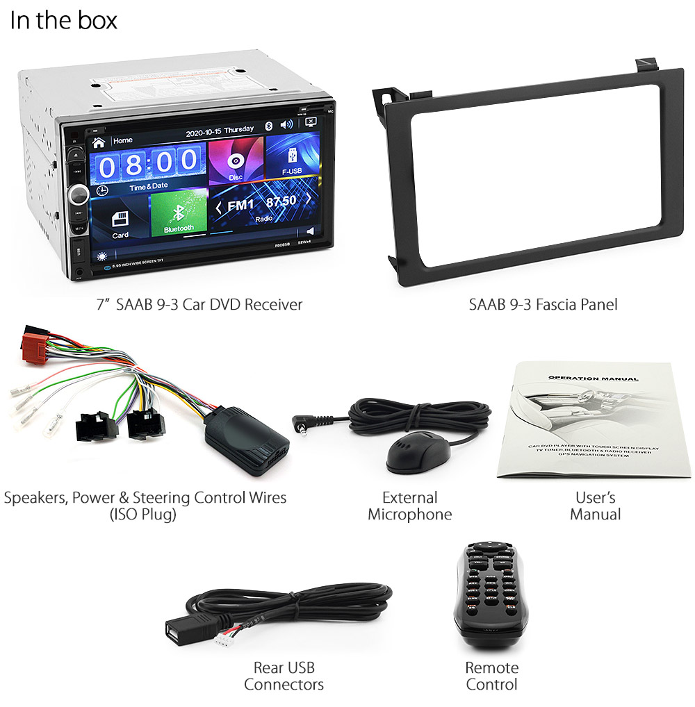 SAAB07DVD SAAB 9-3 93 Year 2007 2008 2009 2010 2011 2012 2013 2014 car DVD CD USB SD Card player radio stereo head unit details Aftermarket RMVB MP3 MP4 MKV AVI 1080p External Bluetooth Microphone UK Europe Australia USA Fascia Facia Kit ISO Wiring Harness Free Reversing Camera Full High Definition FHD 3.5mm AUX-in Plug and Play Installation Dimension tunez tunezmart Patch Lead Steering Wheel Control Compatible SWC CTSSA001.2 Connects2