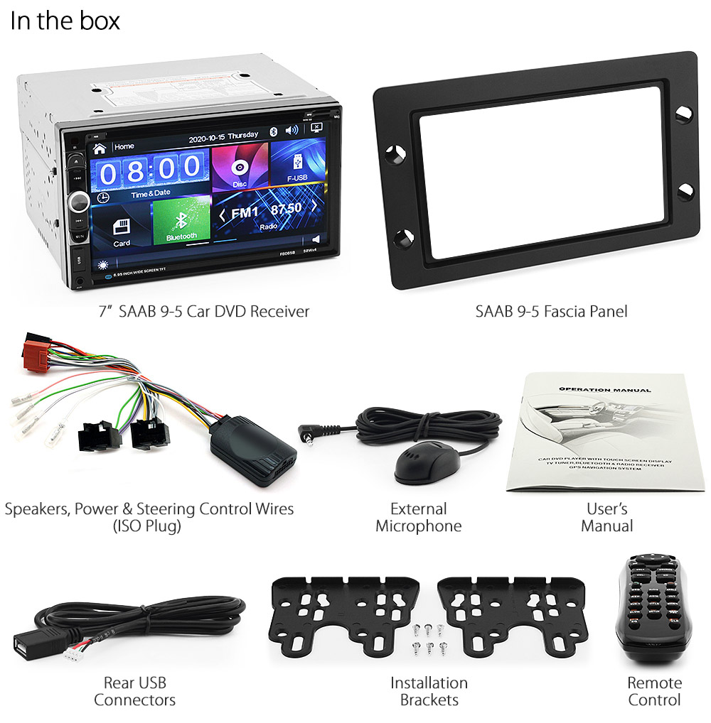 SAAB08DVD SAAB 9-5 95 Year 2008 2009 2010 7-inch Double-DIN car DVD CD USB SD Card player radio stereo head unit details Aftermarket RMVB MP3 MP4 AVI MKV 1080p External Bluetooth Microphone UK Europe Australia USA Fascia Facia Kit Panel Trim ISO Wiring Harness Free Reversing Camera Full High Definition FHD 3.5mm AUX-in Plug and Play Installation Dimension tunez tunezmart Patch Lead Steering Wheel Control Compatible SWC CTSSA001.2 Connects2