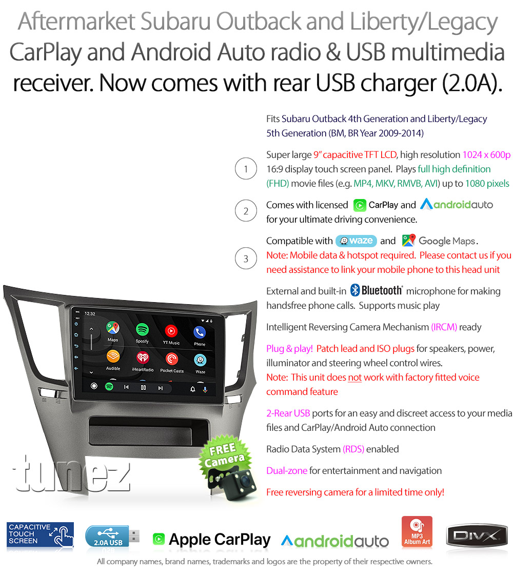 SBK03CP SBK03 Licensed Apple CarPlay Android Auto GPS GPS Super Large 9-inch Subaru Outback 4th Forth Liberty Legacy 5th Fitfh Generation Gen BM BR Year 2009 2010 2011 2012 2013 2014 Super Large 9-inch Touch Screen IPS Capacitive Universal Double DIN Latest Australia UK European USA Original Car USB 2.0A Charge player radio stereo head unit Aftermarket External and Internal Microphone Bluetooth Europe Sat Nav Navi Plug and Play ISO Plug Wiring Harness Matching Fascia Kit Facia Free Reversing Camera Album Art ID3 Tag RMVB MP3 MP4 AVI MKV Full High Definition FHD AirPlay Air Play MirrorLink Mirror Link Connects2 Connects2 CTSSU001.2 CTSSU001.3 CTSSU001.3