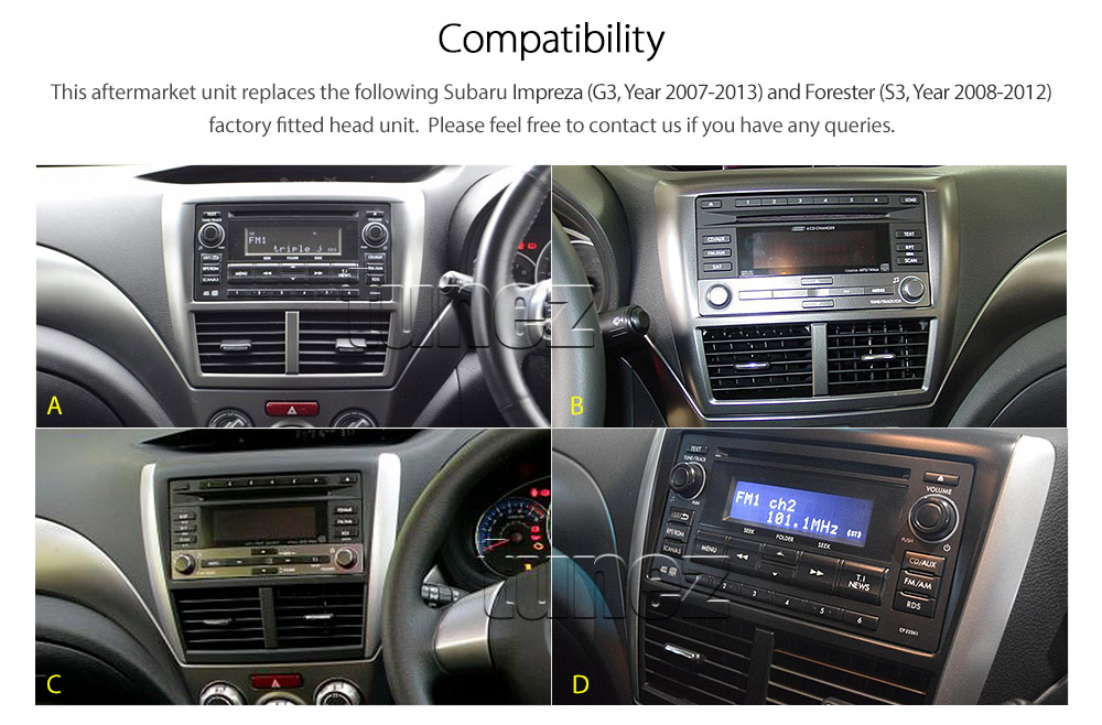 SBR06DVD Subaru Impreza 3rd Third Generation Gen G3 Year 2007 2008 2009 2010 2011 2012 2013 Forester S3 SH Aftermarket 7-inch Double-DIN 2 DIN car DVD CD USB SD Card player radio stereo head unit details RMVB MP3 MP4 MKV AVI 1080p FHD Full High Definition External Bluetooth Microphone UK Europe Australia USA Fascia Facia Kit ISO Wiring Harness Free Reversing Camera 3.5mm AUX-in Plug and Play Installation Dimension tunez tunezmart Patch Lead Steering Wheel Control Compatible SWC CTSSU001.2 Connects2