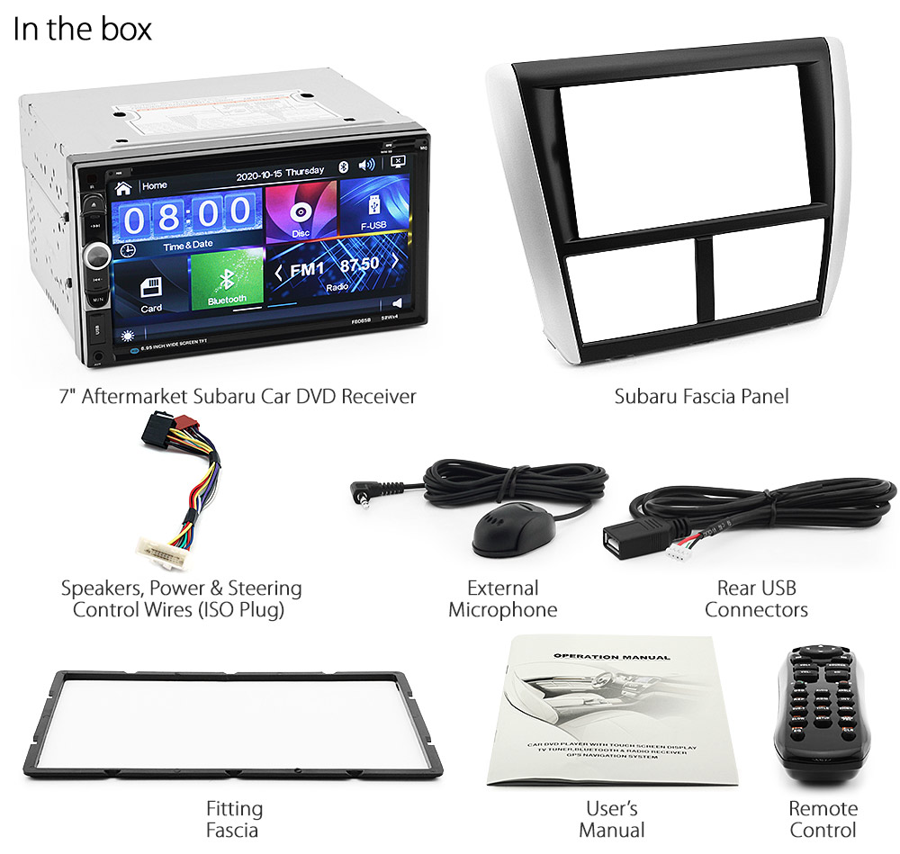 SBR06DVD Subaru Impreza 3rd Third Generation Gen G3 Year 2007 2008 2009 2010 2011 2012 2013 Forester S3 SH Aftermarket 7-inch Double-DIN 2 DIN car DVD CD USB SD Card player radio stereo head unit details RMVB MP3 MP4 MKV AVI 1080p FHD Full High Definition External Bluetooth Microphone UK Europe Australia USA Fascia Facia Kit ISO Wiring Harness Free Reversing Camera 3.5mm AUX-in Plug and Play Installation Dimension tunez tunezmart Patch Lead Steering Wheel Control Compatible SWC CTSSU001.2 Connects2