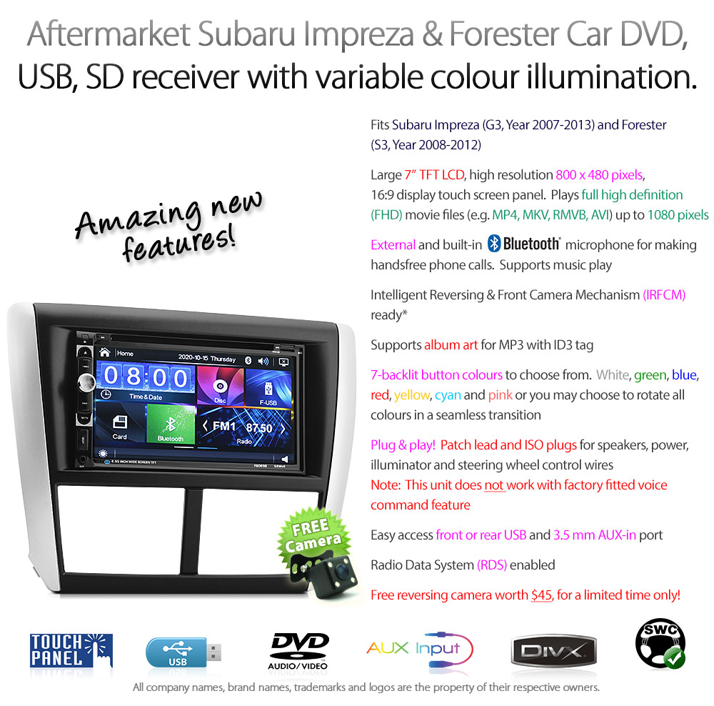 SBR06DVD Subaru Impreza 3rd Third Generation Gen G3 Year 2007 2008 2009 2010 2011 2012 2013 Forester S3 SH Aftermarket 7-inch Double-DIN 2 DIN car DVD CD USB SD Card player radio stereo head unit details RMVB MP3 MP4 MKV AVI 1080p FHD Full High Definition External Bluetooth Microphone UK Europe Australia USA Fascia Facia Kit ISO Wiring Harness Free Reversing Camera 3.5mm AUX-in Plug and Play Installation Dimension tunez tunezmart Patch Lead Steering Wheel Control Compatible SWC CTSSU001.2 Connects2