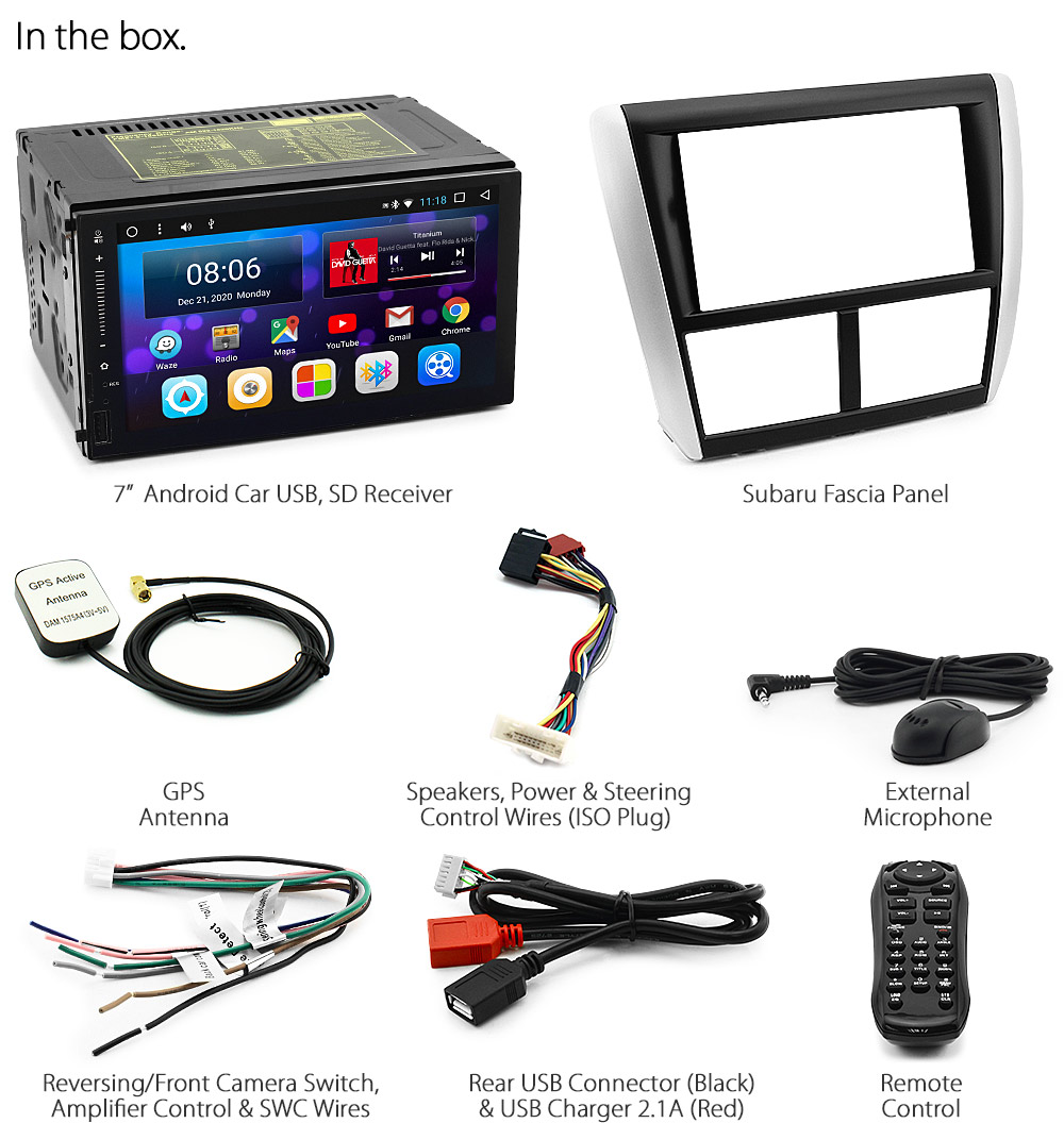 SBR11AND GPS Aftermarket Subaru Impreza 3rd Third Generation Gen GE GH GR GV G3 Year 2007 2008 2009 2010 2011 2012 2013 Forester S3 SH 7-inch Universal Double DIN Latest Australia UK European USA Original Android 7.1 Nougat car USB Charger 2.1A SD player radio stereo head unit details Aftermarket External and Internal Microphone Bluetooth Europe Sat Nav Navi Plug and Play Fascia Kit Right Hand Drive ISO Plug Wiring Harness Steering Wheel Control Double DIN Patch Lead CTSSU001.2 Connects2 Free Reversing Camera Album Art ID3 Tag RMVB MP3 MP4 AVI MKV Full High Definition FHD Apple AirPlay Air Play MirrorLink Mirror Link 1080p DAB+ Digital Radio DAB +