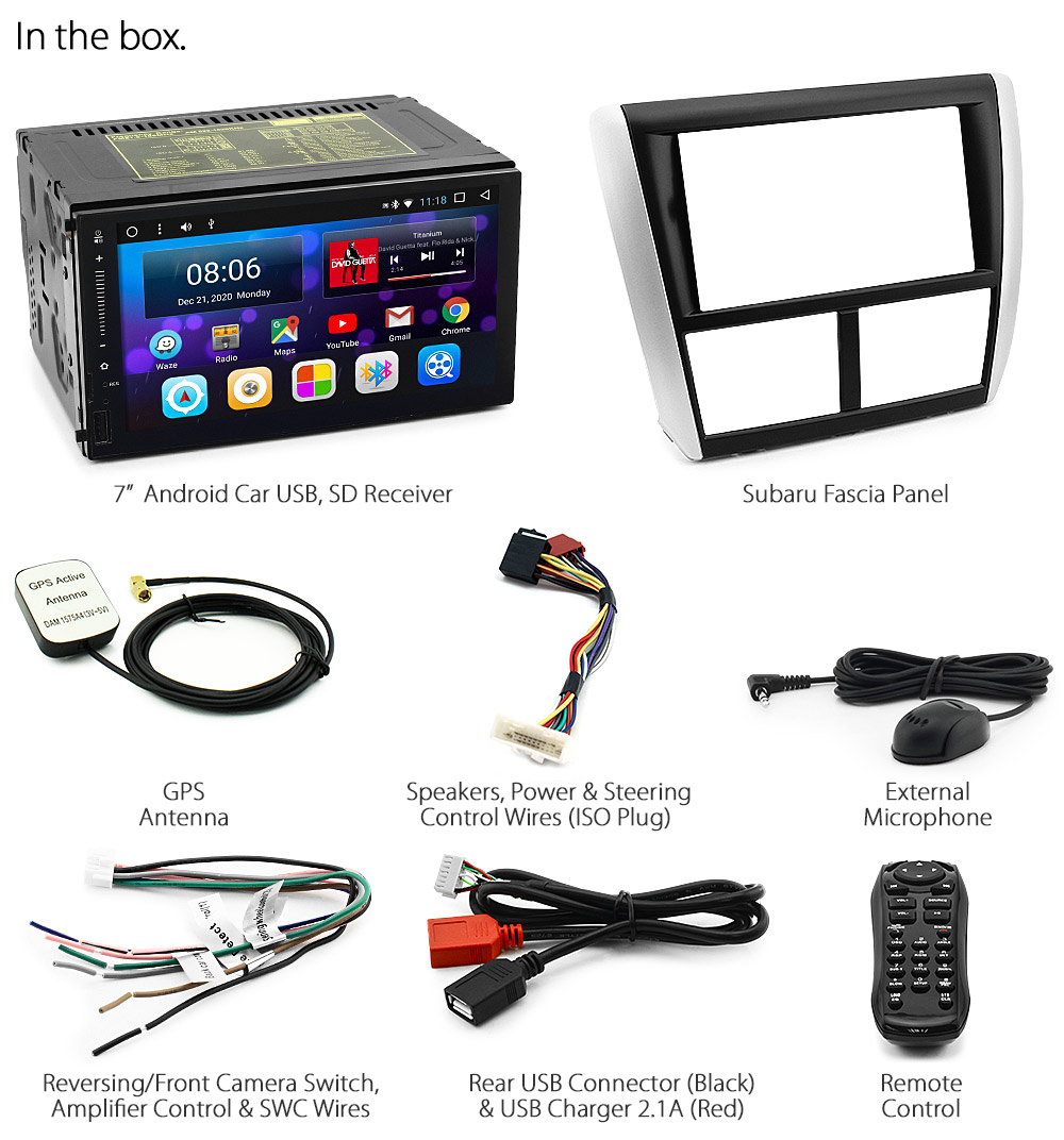 SBR11AND GPS Aftermarket Subaru Impreza 3rd Third Generation Gen GE GH GR GV G3 Year 2007 2008 2009 2010 2011 2012 2013 Forester S3 SH 7-inch Universal Double DIN Latest Australia UK European USA Original Android 7.1 Nougat car USB Charger 2.1A SD player radio stereo head unit details Aftermarket External and Internal Microphone Bluetooth Europe Sat Nav Navi Plug and Play Fascia Kit Right Hand Drive ISO Plug Wiring Harness Steering Wheel Control Double DIN Patch Lead CTSSU001.2 Connects2 Free Reversing Camera Album Art ID3 Tag RMVB MP3 MP4 AVI MKV Full High Definition FHD Apple AirPlay Air Play MirrorLink Mirror Link 1080p DAB+ Digital Radio DAB +
