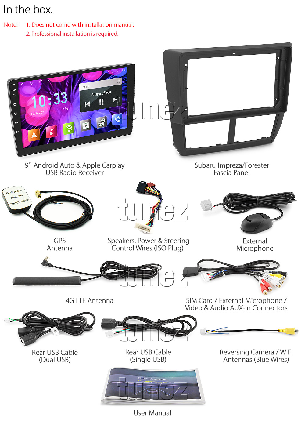 SBR12AND GPS Aftermarket Subaru Impreza 3rd Third Generation Gen GE GH GR GV G3 Year 2007 2008 2009 2010 2011 2012 2013 Forester S3 SH large 9-inch 9' touchscreen Universal Double DIN Latest Australia UK European USA Original CarPlay Android Auto 10 Car USB player radio stereo 4G LTE WiFi head unit details Aftermarket External and Internal Microphone Bluetooth Europe Sat Nav Navi Plug and Play ISO Plug Wiring Harness Matching Fascia Kit Facia Free Reversing Camera Album Art ID3 Tag RMVB MP3 MP4 AVI MKV Full High Definition FHD MyLink My Link 1080p DAB+ Digital Radio DAB + Connects2 CTSSU001.2