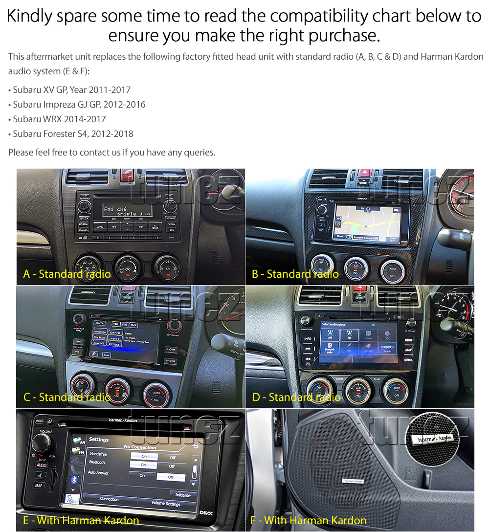 SBR15AND GPS Aftermarket Subaru XV GP Impreza GJ WRX Forester S4 2011 2012 2013 2014 2015 2017 2018 T3 Harman Kardon capacitive 9 inches touchscreen Universal Double DIN Latest Australia UK European USA Original CarPlay Android Auto 10 Car USB player radio stereo 4G LTE WiFi head unit details Aftermarket External and Internal Microphone Bluetooth Europe Sat Nav Navi Plug and Play ISO Plug Wiring Harness Matching Fascia Kit Facia Free Reversing Camera Album Art ID3 Tag RMVB MP3 MP4 AVI MKV Full High Definition FHD 1080p DAB+ Digital Radio DAB + Connects2 CTSIZ001.2