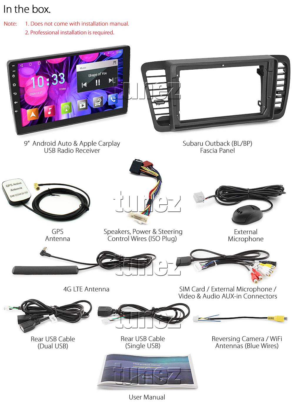 SBR18AND GPS Aftermarket Subaru Outback BL BP 2003 2004 2005 2006 2007 2008 2009 touchscreen capacitive 9 inches touchscreen Universal Double DIN Latest Australia UK European USA Original CarPlay Android Auto 10 Car USB player radio stereo 4GdLTE WiFi head unit details Aftermarket External and Internal Microphone Bluetooth Europe Sat Nav Navi Plug and Play ISO Plug Wiring Harness Matching Fascia Kit Facia Free Reversing Camera Album Art ID3 Tag RMVB MP3 MP4 AVI MKV Full High Definition FHD 1080p DAB+ Digital Radio DAB + Connects2 CTSIZ001.2