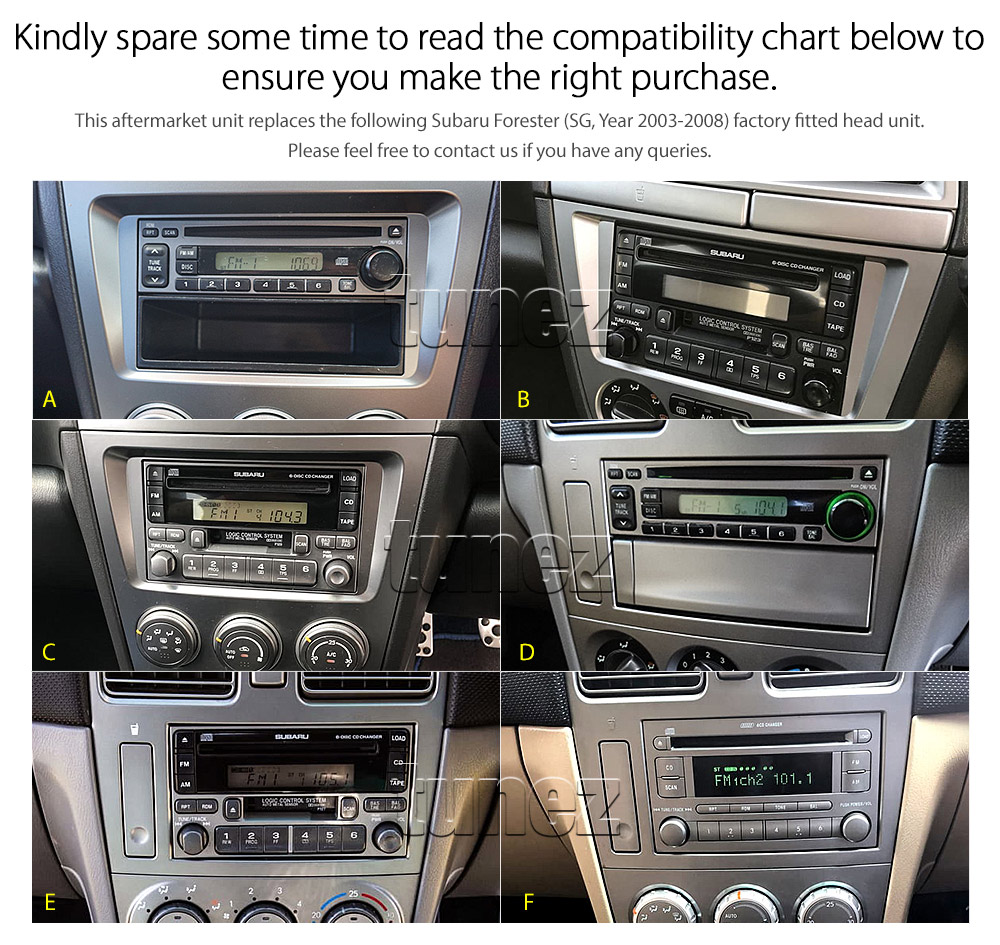 SBR19AND GPS Aftermarket Subaru Forester SG Year 2003 2004 2005 2006 2007 2008 capacitive 9 inches touchscreen Universal Double DIN Latest Australia UK European USA Original CarPlay Android Auto 10 Car USB player radio stereo 4GdLTE WiFi head unit details Aftermarket External and Internal Microphone Bluetooth Europe Sat Nav Navi Plug and Play ISO Plug Wiring Harness Matching Fascia Kit Facia Free Reversing Camera Album Art ID3 Tag RMVB MP3 MP4 AVI MKV Full High Definition FHD 1080p DAB+ Digital Radio DAB + Connects2 CTSIZ001.2