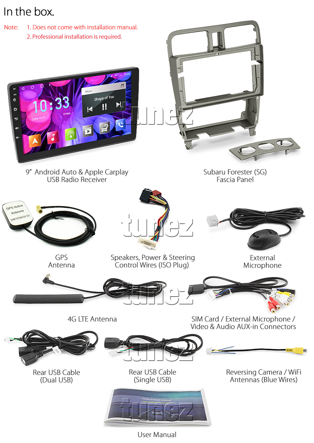 SBR19AND GPS Aftermarket Subaru Forester SG Year 2003 2004 2005 2006 2007 2008 capacitive 9 inches touchscreen Universal Double DIN Latest Australia UK European USA Original CarPlay Android Auto 10 Car USB player radio stereo 4GdLTE WiFi head unit details Aftermarket External and Internal Microphone Bluetooth Europe Sat Nav Navi Plug and Play ISO Plug Wiring Harness Matching Fascia Kit Facia Free Reversing Camera Album Art ID3 Tag RMVB MP3 MP4 AVI MKV Full High Definition FHD 1080p DAB+ Digital Radio DAB + Connects2 CTSIZ001.2