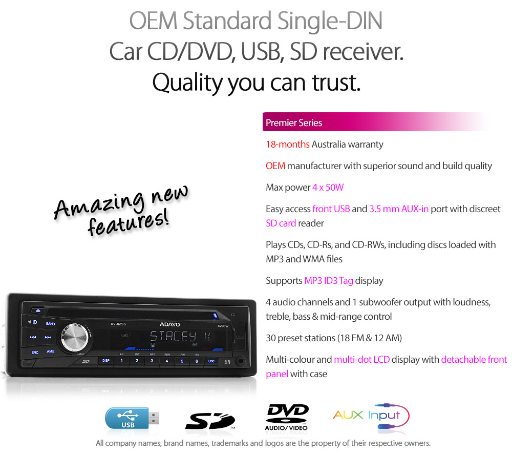 SD02DVD OEM Manufacturer Standard Single DIN Universal DVD CD MP3 USB Slot Reader SD Card Port FM Radio Budget Value For Money Best On eBay White Multi Colour Dot Illumination ID3 Tag 3.5mm AUX-In 4 X 50W 18-Month Warranty Quality Trust Sound Detachable Panel Case Acoustic 4 channel 1 subwoofer 4.1 Tunez Premier Series