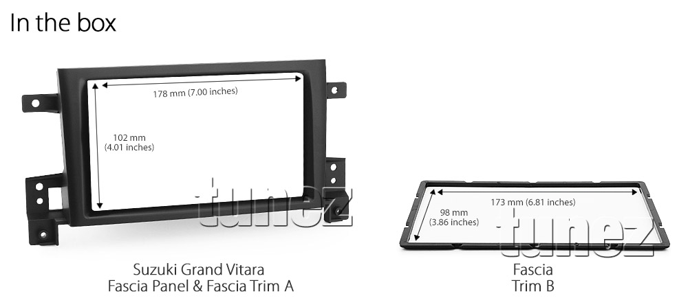 SGV06-AND-FAS Suzuki Grand Vitara 3rd Third Escudo Generation Europe European Australia UK United Kingdom USA Year 2005 2006 2007 2008 2009 2010 2011 2012 2013 2014 2015 2016 JB 7-inch Double 2 DIN car Android player Fascia Facia Trim Plate Kit ISO Plug Wiring Harness Plug and Play Connects2 CTSSZ002.2 tunez