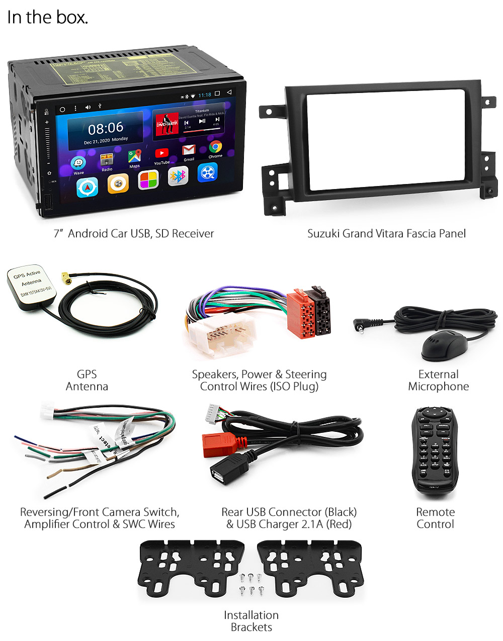 SGV07AND GPS Aftermarket Suzuki Grand Vitara 3rd Third Escudo Generation Europe European Australia UK United Kingdom USA Year 2005 2006 2007 2008 2009 2010 2011 2012 2013 2014 2015 2016 JB 7-inch Universal Double DIN Latest Original Android 7.1 Nougat car USB Charger 2.1A SD player radio stereo head unit details Aftermarket External and Internal Microphone Bluetooth Europe Sat Nav Navi Plug and Play Fascia Kit Right Hand Drive ISO Plug Wiring Harness Steering Wheel Control Double DIN MID Multi-Information Display Patch Lead Connects2 CTSSZ002.2 Free Reversing Camera Album Art ID3 Tag RMVB MP3 MP4 AVI MKV Full High Definition FHD Apple AirPlay Air Play MirrorLink Mirror Link 1080p DAB+ Digital Radio DAB + OEM