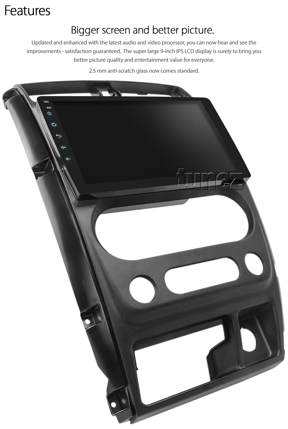 SJ03CP SJ03 Licensed Apple CarPlay Android Auto GPS Suzuki Jimny 3rd Third Generation Gen Europe European Australia SN413 Series Chassis Year 1998 1999 2000 2001 2002 2003 2004 2005 2006 2007 2008 2009 2010 2011 2012 2013 2014 2015 2016 2017 2018 Sierra JX JLX T3 Super Large 9-inch 9' Touch Screen IPS Capacitive Universal Double DIN Latest Australia UK European USA Original Car USB 2.0A Charge player radio stereo head unit Aftermarket External and Internal Microphone Bluetooth Europe Sat Nav Navi Plug and Play ISO Plug Wiring Harness Matching Fascia Kit Facia Free Reversing Camera Album Art ID3 Tag RMVB MP3 MP4 AVI MKV Full High Definition FHD AirPlay Air Play MirrorLink Mirror Link Connects2