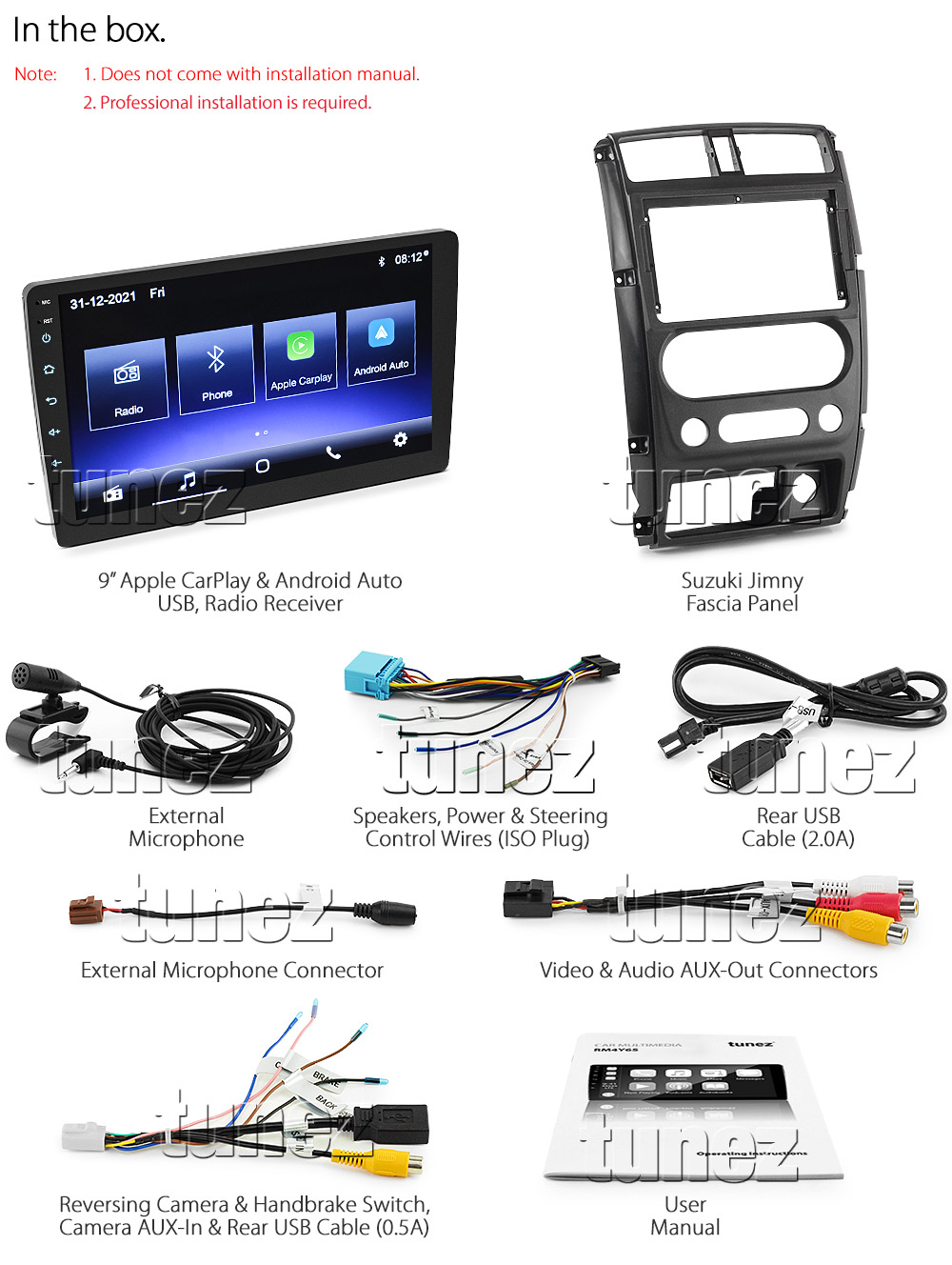 SJ03CP SJ03 Licensed Apple CarPlay Android Auto GPS Suzuki Jimny 3rd Third Generation Gen Europe European Australia SN413 Series Chassis Year 1998 1999 2000 2001 2002 2003 2004 2005 2006 2007 2008 2009 2010 2011 2012 2013 2014 2015 2016 2017 2018 Sierra JX JLX T3 Super Large 9-inch 9' Touch Screen IPS Capacitive Universal Double DIN Latest Australia UK European USA Original Car USB 2.0A Charge player radio stereo head unit Aftermarket External and Internal Microphone Bluetooth Europe Sat Nav Navi Plug and Play ISO Plug Wiring Harness Matching Fascia Kit Facia Free Reversing Camera Album Art ID3 Tag RMVB MP3 MP4 AVI MKV Full High Definition FHD AirPlay Air Play MirrorLink Mirror Link Connects2