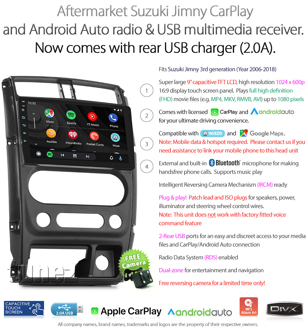 SJ03CP SJ03 Licensed Apple CarPlay Android Auto GPS Suzuki Jimny 3rd Third Generation Gen Europe European Australia SN413 Series Chassis Year 1998 1999 2000 2001 2002 2003 2004 2005 2006 2007 2008 2009 2010 2011 2012 2013 2014 2015 2016 2017 2018 Sierra JX JLX T3 Super Large 9-inch 9' Touch Screen IPS Capacitive Universal Double DIN Latest Australia UK European USA Original Car USB 2.0A Charge player radio stereo head unit Aftermarket External and Internal Microphone Bluetooth Europe Sat Nav Navi Plug and Play ISO Plug Wiring Harness Matching Fascia Kit Facia Free Reversing Camera Album Art ID3 Tag RMVB MP3 MP4 AVI MKV Full High Definition FHD AirPlay Air Play MirrorLink Mirror Link Connects2