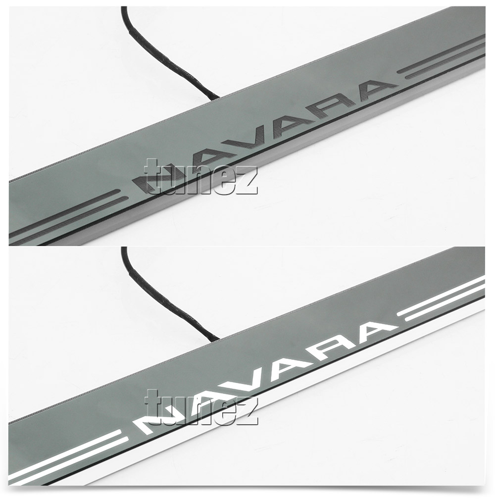 SPNV01 Nissan Navara D23 Series 2 NP300 Scuff Plate Side Step Door Sill Kick Step Protector Strobe Running White LED Light Trim Mirror-Like Finish Silver 2015 2016 2017 2018 2019 2020 2021 DX RX SL ST ST N-SPORT ST-X OEM Fitting Aftermarket Dual Cabin Cab