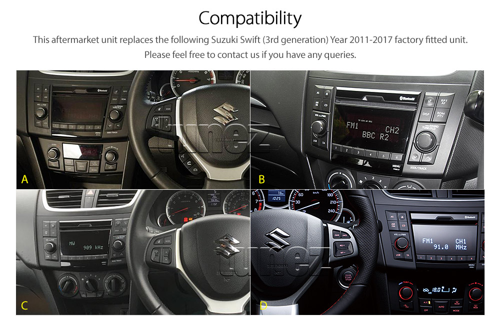 SS11DVD 7-inch Aftermarket Suzuki Swift 3rd Third Generation Europe European Australia FZ Year 2011 2012 2013 2014 2015 2016 2017 Direct Loading design car DVD USB SD player AVI MKV RMVB MP4 MP3 Album Art ID3 Tag RDS radio stereo head unit details Aftermarket External and Internal Microphone Bluetooth Full High Definition FHD 1080p Free Reversing Camera UK United Kingdom Fascia Facia Kit ISO Plug Wiring Harness Steering Wheel Control buttons Double DIN Patch Lead Connects2 CTSSZ002.2